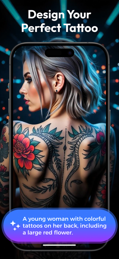 Photo Generator AI & Editor - Uma jovem com tatuagens florais coloridas geradas por IA em suas costas