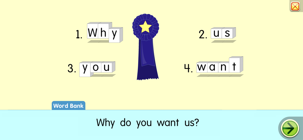 Starfall I am Reading 앱의 문장 만들기 활동으로, 높은 빈도의 눈에 익은 단어와 단어 은행이 특징입니다.