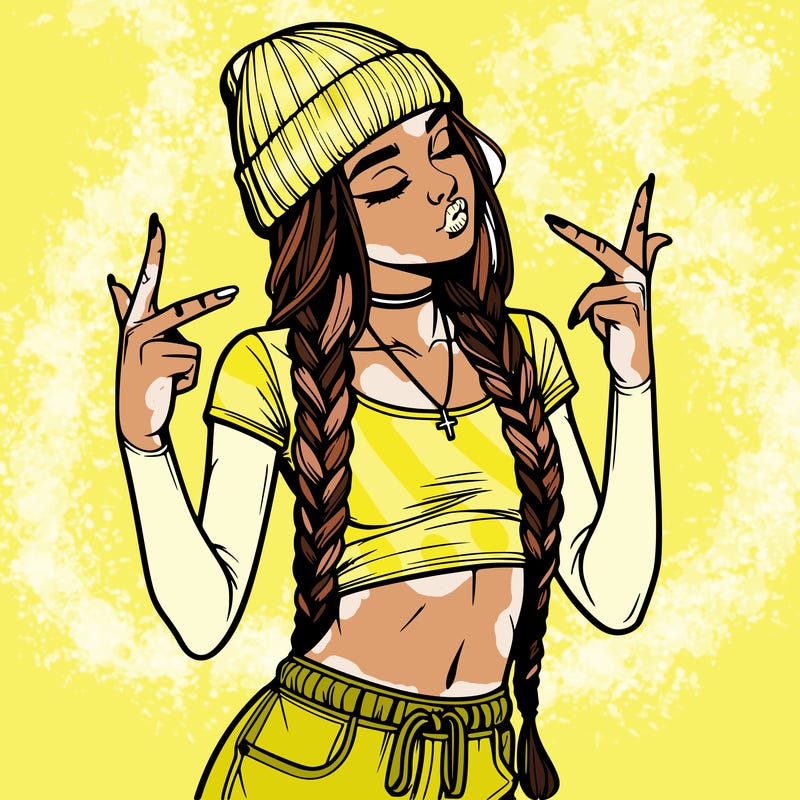 realistic teenage girl with braids and a beanie and crop top doing 🫶🏼