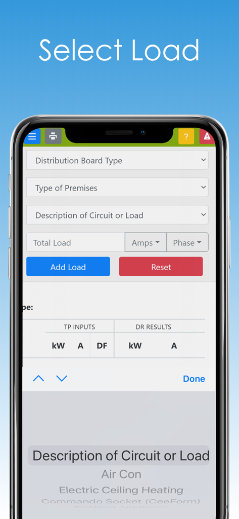 Screenshot of the Diversity Calculator app showing the select load interface for electrical circuit calculations