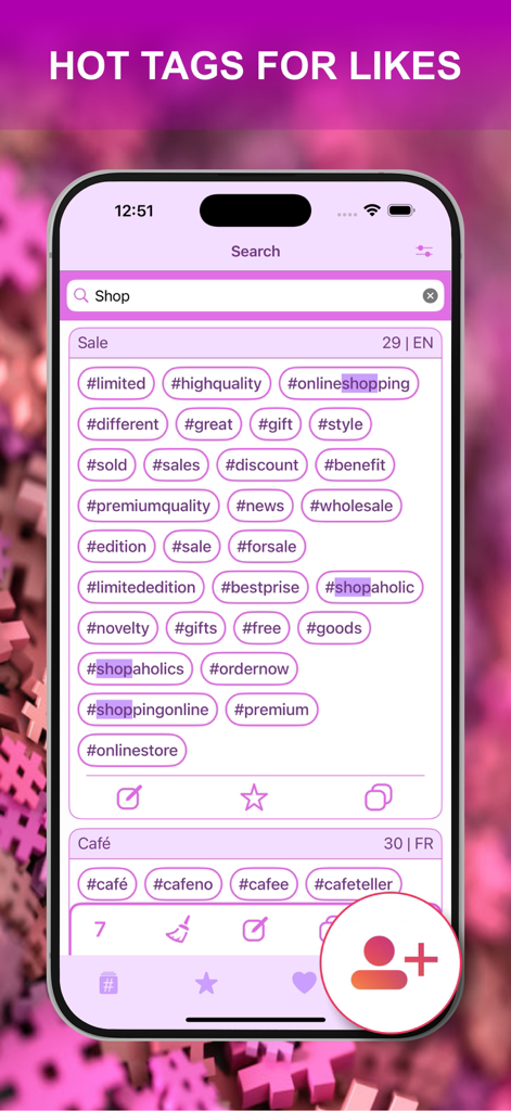 Get Followers & Boost Likes - Mobile app interface showing curated hashtag categories like Sale and Shop to boost social media likes