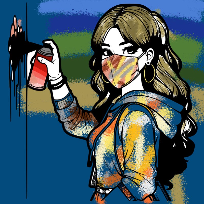 realistic girl with mask spray painting a wall