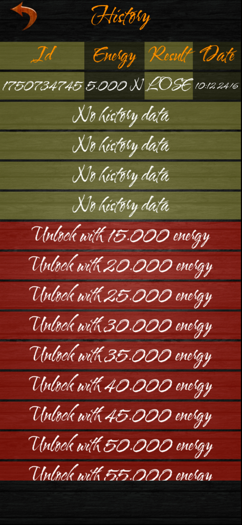 History screen of Chinese Chess Xiangqi Online showing match results and energy points