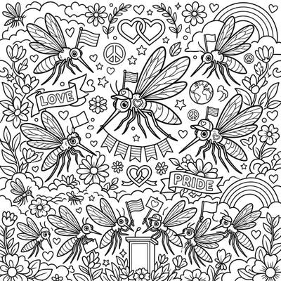 Celebrate diversity with a twist in this engaging coloring page, where even mosquitoes join the Pride festivities! Designed especially for teens, this unique artwork offers a creative way to express support and joy during Pride Month.