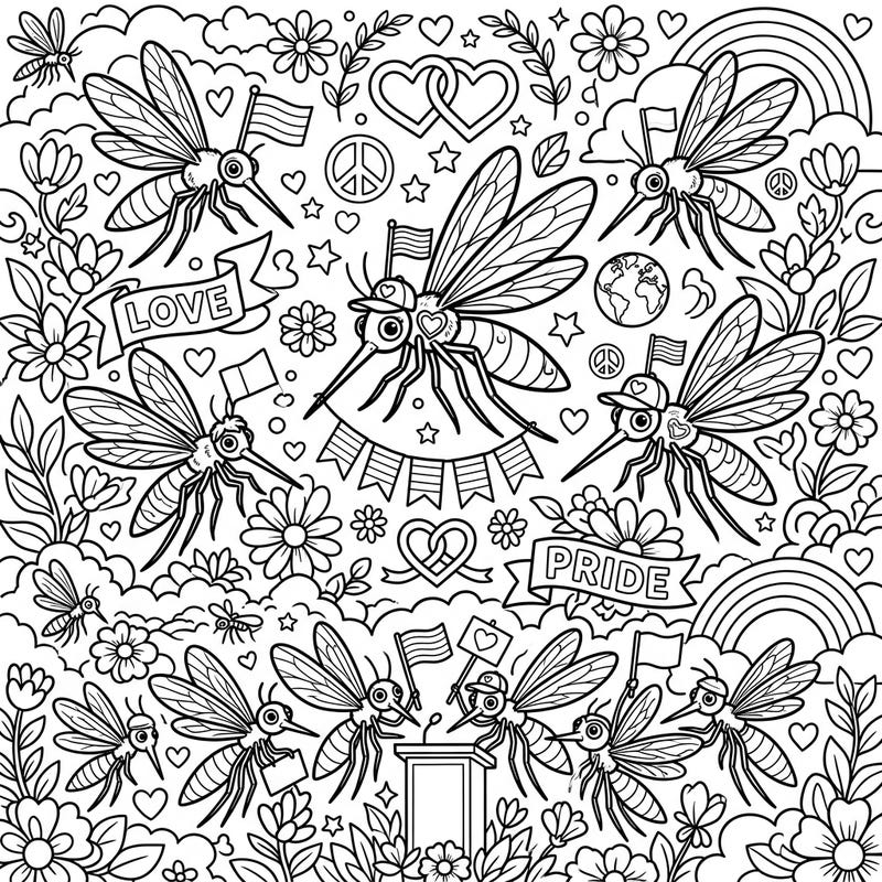 Celebrate diversity with a twist in this engaging coloring page, where even mosquitoes join the Pride festivities! Designed especially for teens, this unique artwork offers a creative way to express support and joy during Pride Month.