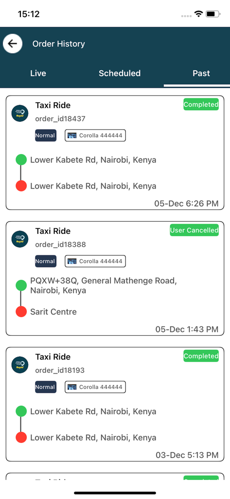 Order history screen of the Rapid Ride Partner app showing past taxi trips and status details