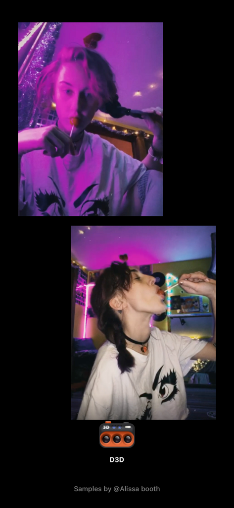 Deux photos d'une jeune femme utilisant l'effet de caméra vintage D3D avec un éclairage néon et une esthétique rétro