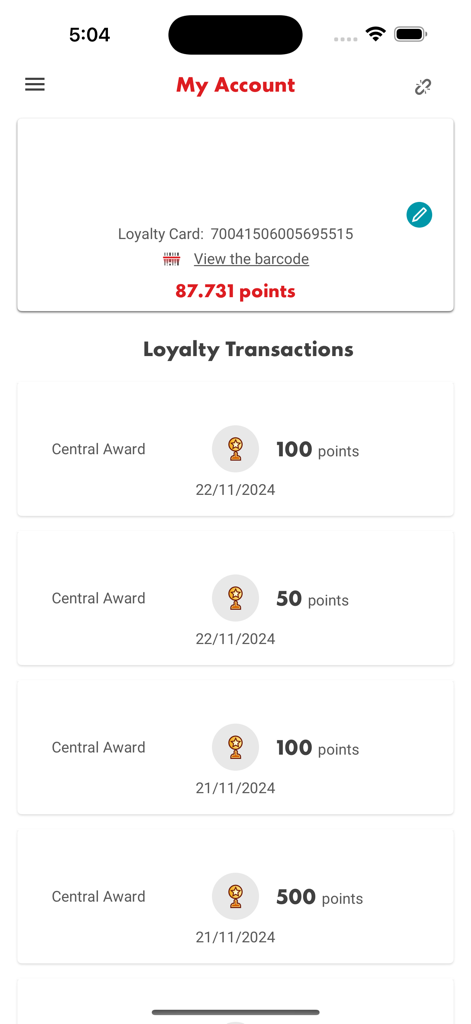 Shell GO plus app My Account screen showing total loyalty points and transaction history