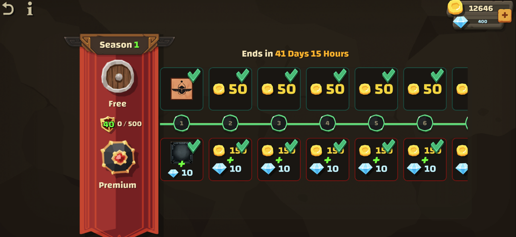 Adventure Craft 3D - Interfaz de la Temporada 1 de Adventure Craft 3D que muestra pistas de recompensas gratuitas y premium con monedas de oro y gemas azules