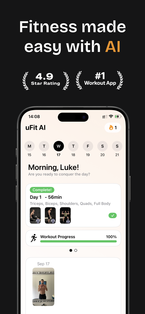uFit AI: Gym & Fitness Planner - ufit ai app dashboard showing completed workout progress and daily fitness schedule