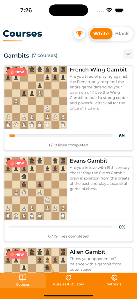 ChessMind AI - A list of chess opening courses in the ChessMind AI app featuring various gambits with progress tracking and board diagrams.