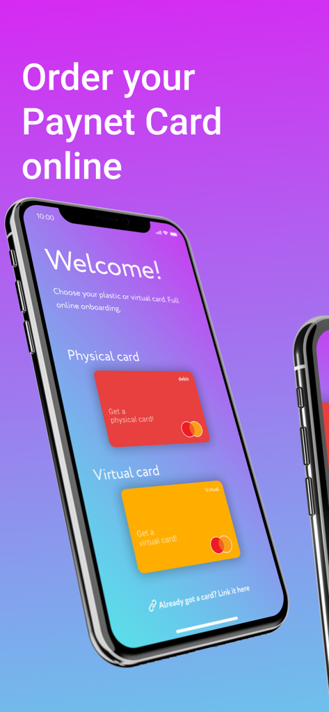 Paynet Wallet app screen for ordering physical and virtual Mastercard debit cards online