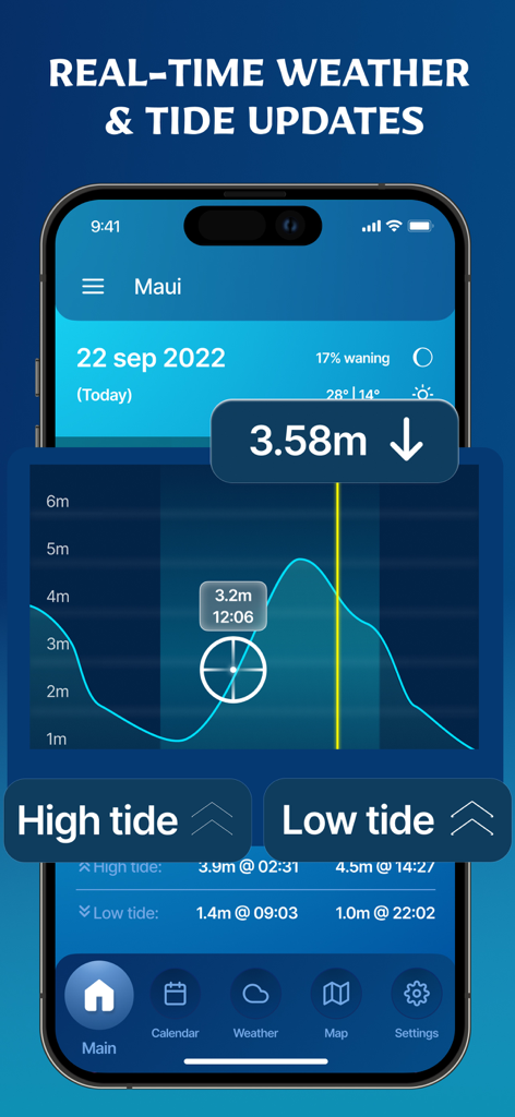 Weather Forecast & Tides Radar - Smartphone screen displaying marine tide charts and weather data with a high and low tide graph.