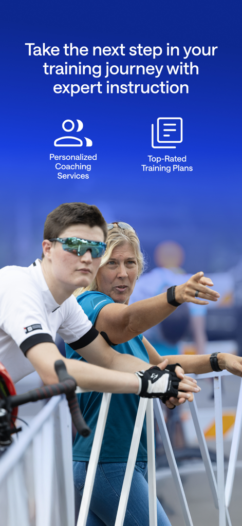 Eine Trainerin zeigt auf einen Radfahrer, mit Text, der personalisierte Coaching-Dienste und Trainingspläne bewirbt.