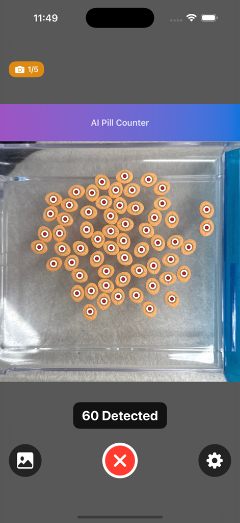Interface of the AI Pill Counter app showing sixty pills identified with red dots for visual verification.