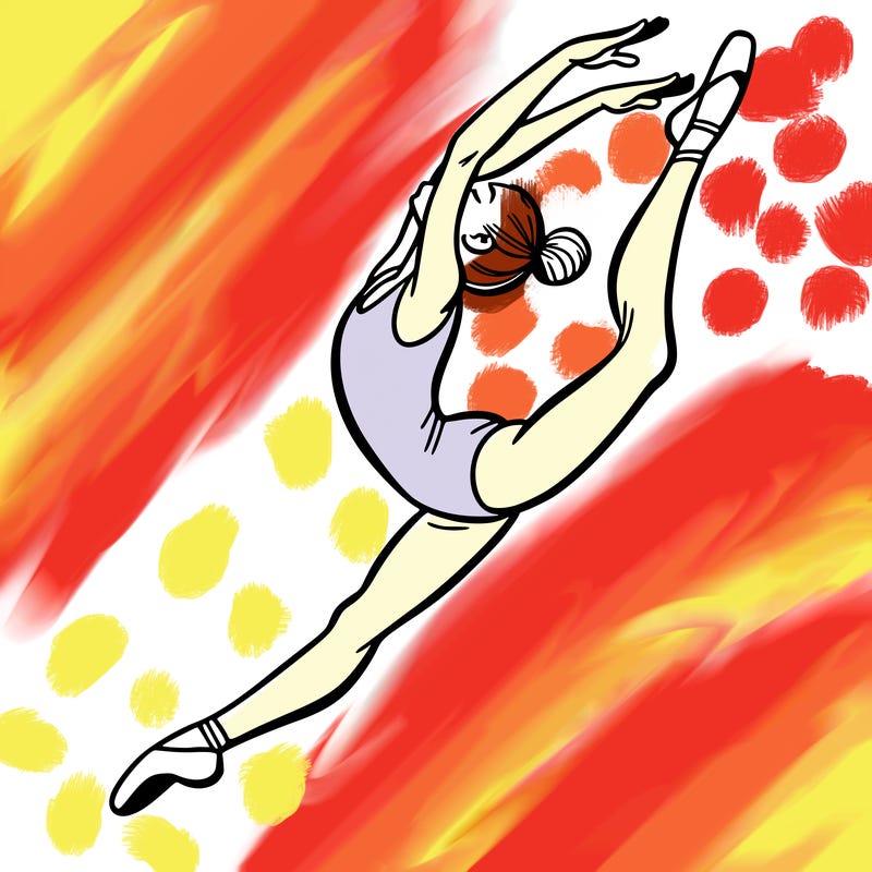 gymnast doing a leap in a leotard with a bent back leg