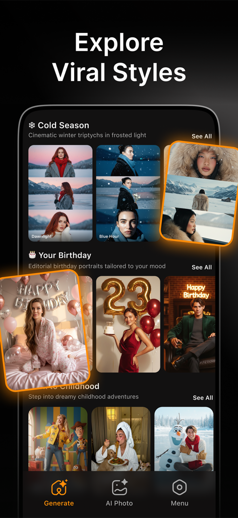 AI Image Generator FARBA Art - A mobile interface showing trending AI generated photo styles in the FARBA Art app including seasonal and birthday themes