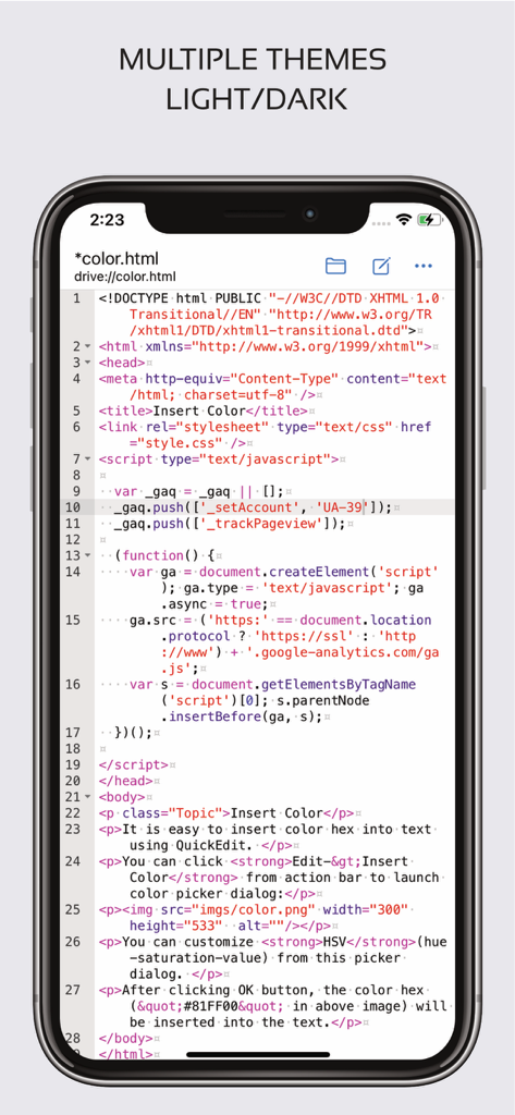 Code Editor - Compiler & IDE - Mobile code editor displaying HTML and JavaScript with syntax highlighting in light theme