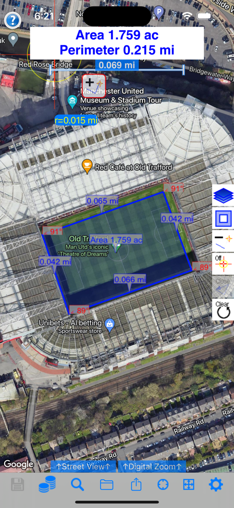 Land Measure Pro app interface showing area and perimeter calculations on a satellite map of a sports field