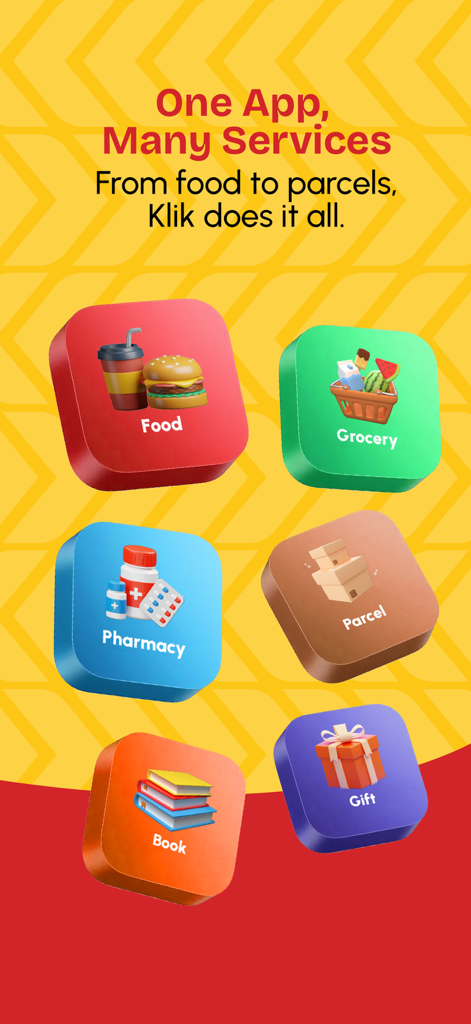 klik Delivery - Food, Shopping - Promotion of klik delivery services including food grocery pharmacy parcel books and gifts