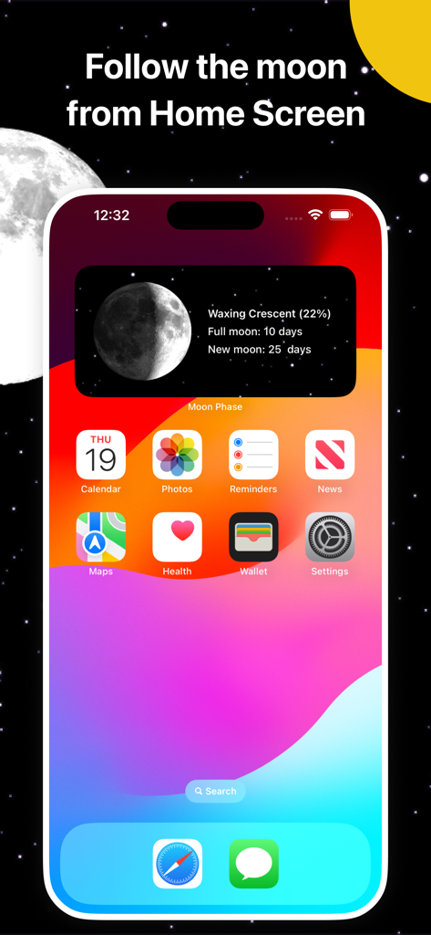 Moon Phase: Lunar Calendar - Una pantalla de inicio de iPhone que muestra un widget de calendario lunar con detalles de la fase lunar actual.