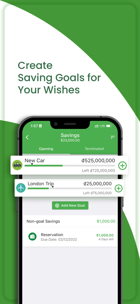 Finance Assist: Money Tracker - Mobile app interface showing savings goals for a new car and London trip with progress bars