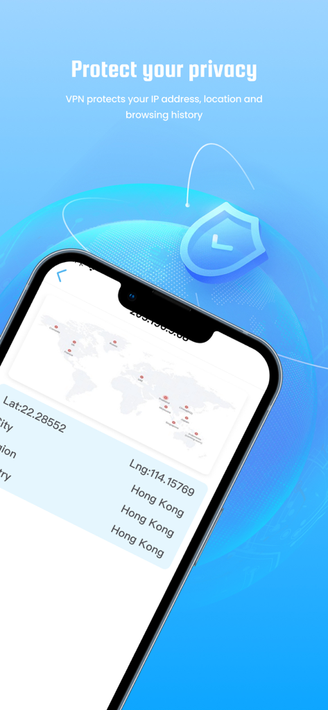 FlashVPN: Fast&Unlimited Proxy - Smartphone screen displaying FlashVPN app privacy protection features including IP address and location masking on a world map.