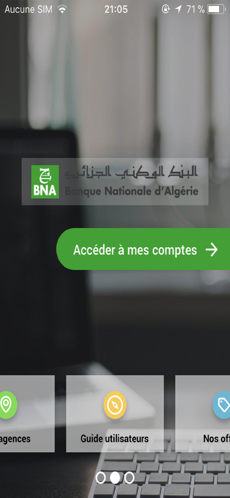 BNAtic mobile banking app home screen showing the National Bank of Algeria logo and account access button.