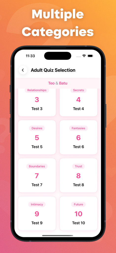 Who Knows Me Better ? - Interface of the Who Knows Me Better app showing multiple adult quiz categories for couples and friends