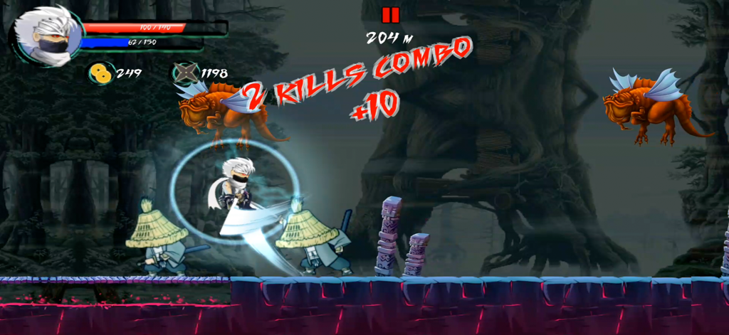 Ninja Assassin Revenge - A white ninja character fighting multiple enemies in a dark forest setting with a combo score displayed