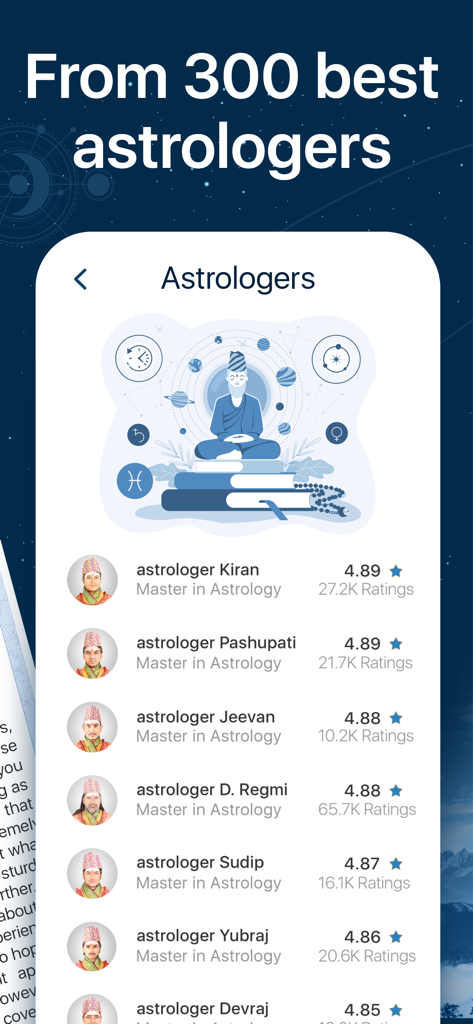 Yodhaアプリの評価の高いプロのヴェーダ占星術師のリスト。マスタータイトルとユーザーレビューが表示されています。