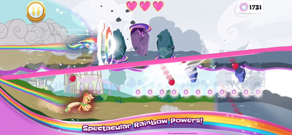 Rainbow Dash und Applejack nutzen Regenbogenkräfte im My Little Pony Rainbow Runners Mobile Game.