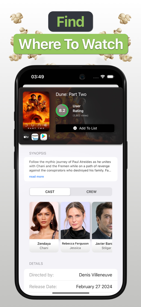 Movie Diary: Movie Tracker - Movie Diary app interface showing movie details and streaming availability for Dune Part Two
