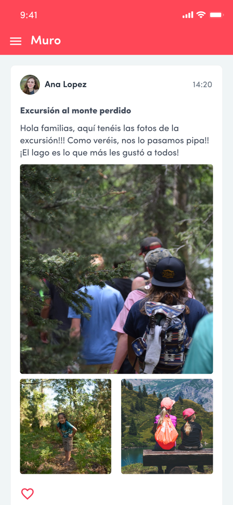 Dinantia - Pantalla de la aplicación móvil que muestra un muro escolar con actualizaciones de los profesores y fotos de excursiones para los padres