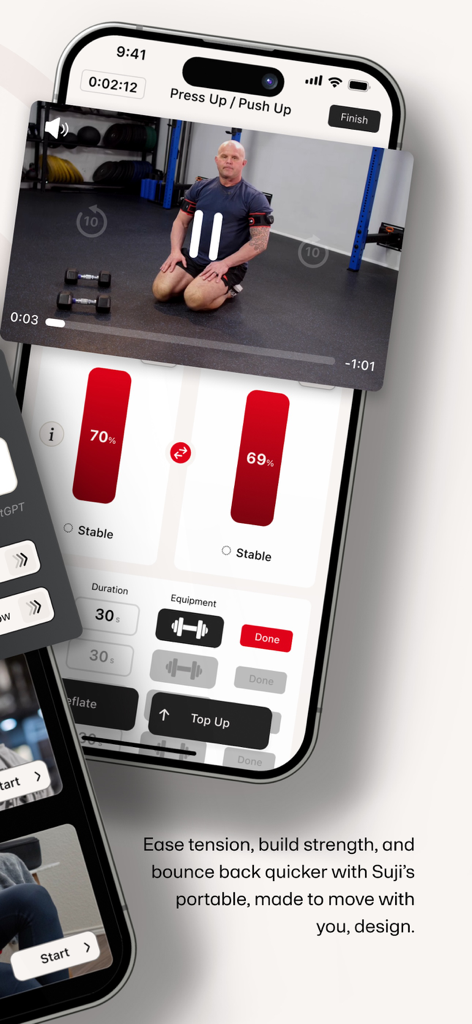 Suji app interface showing a workout video and compression tracking levels