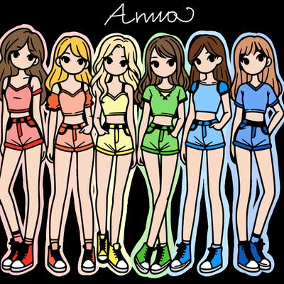 a group of girls wearing crop tops and shorts