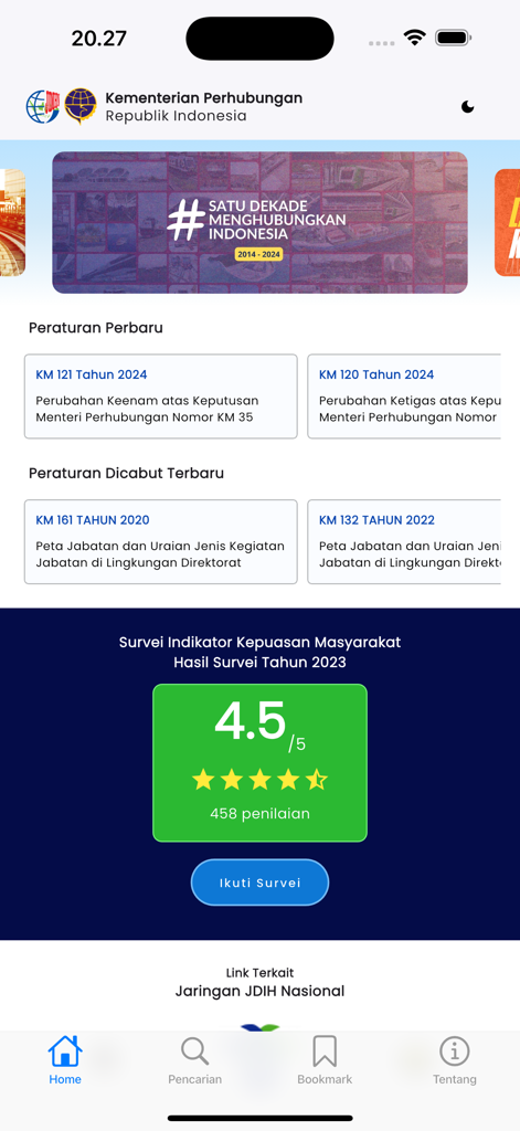 JDIH Kemenhub RI - Home screen of the JDIH Kemenhub RI app displaying Indonesian transportation regulations and user satisfaction rating