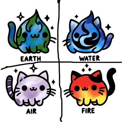 4 cats that represent the different elements, earth, water, air, and fire