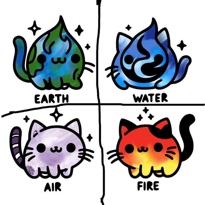 4 cats that represent the different elements, earth, water, air, and fire