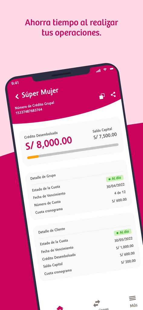 Compartamos App interface displaying group credit details and loan balance