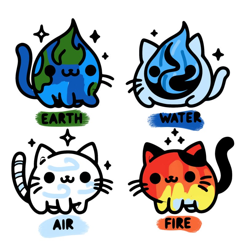 4 cats that represent the different elements, earth, water, air, and fire