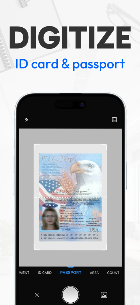 A smartphone using Tiny Scanner app to scan and digitize a passport
