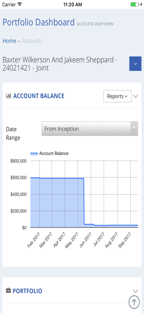 HUB24 wealth management app portfolio dashboard showing a joint account balance history chart