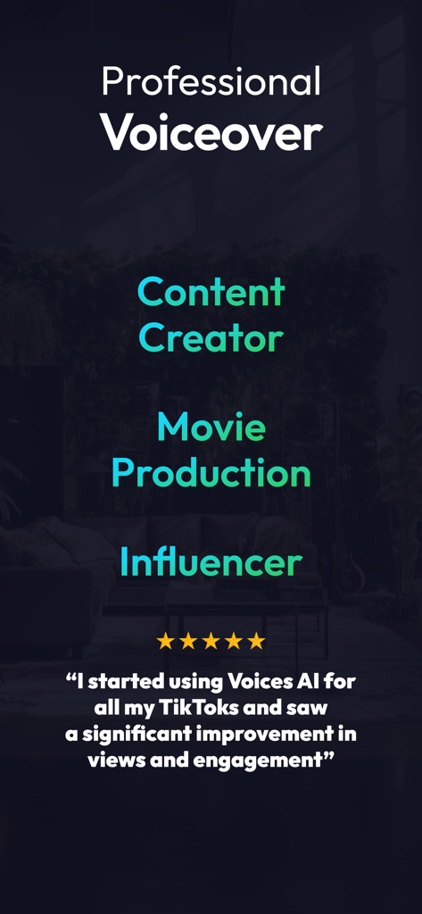 Voices AI app screenshot showing voiceover options for content creators and influencers with a five star user review