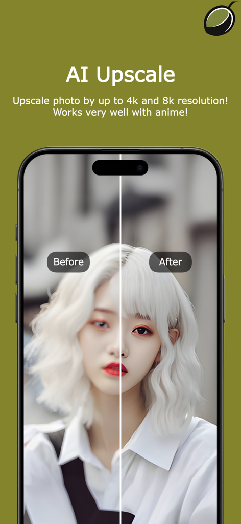 OLVE: AI Photo & Anime Upscale - Side by side before and after comparison of a photo enhanced and upscaled using the OLVE AI app