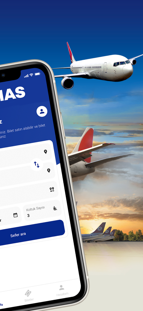 KIBHAS mobile app interface showing shuttle search and booking options over a background of airplanes.