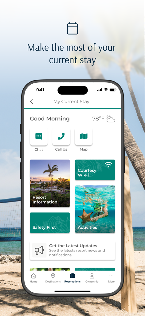 Marriott Vacation Club - 現在の滞在のためのリゾート情報、アクティビティ、ゲストサービスを示すMarriott Vacation Clubアプリのインターフェース。