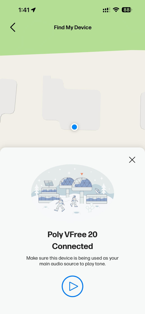 HP Poly Studio Mobile - Écran de la fonction Localiser mon appareil dans l'application HP Poly Studio Mobile, montrant un casque Poly VFree 20 connecté sur une carte.
