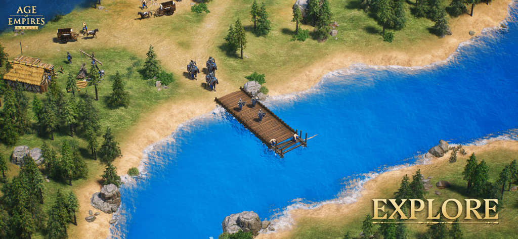 Age of Empires Mobile - Tropas y caballería cruzando un puente de río de madera en Age of Empires Mobile