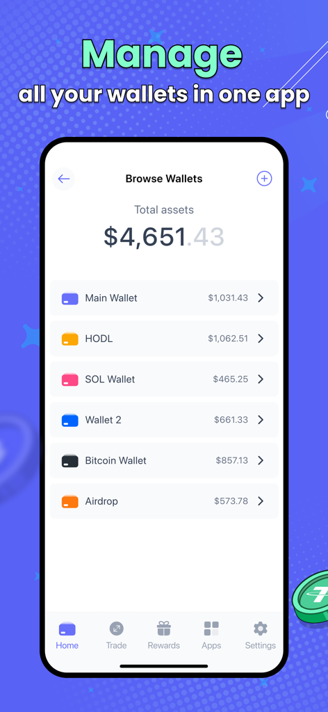 Tableau de bord mobile montrant plusieurs portefeuilles de crypto-monnaie et le solde total du portefeuille dans l'application Meilleure Wallet